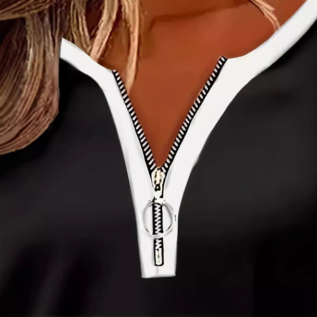 V - Collar Striped Zip T-Shirt - 2026 Winter Collection Contrast Color Long Sleeve Top – Minimal Elegance | The Simple Co – Apparel & Accessories > Clothing > Shirts & Tops, minimalist style, quiet luxury aesthetic, modern essential – The Simple Co.