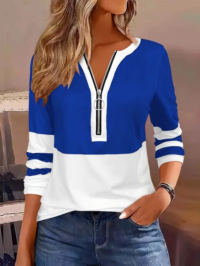 V - Collar Striped Zip T-Shirt - 2026 Winter Collection Contrast Color Long Sleeve Top – Minimal Elegance | The Simple Co – Apparel & Accessories > Clothing > Shirts & Tops, minimalist style, quiet luxury aesthetic, modern essential – The Simple Co.