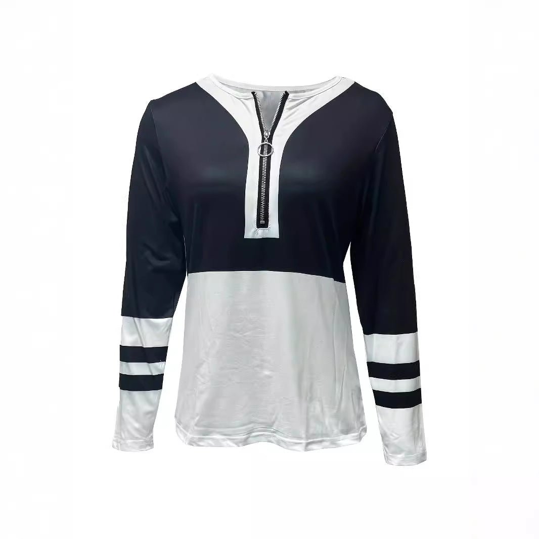 V - Collar Striped Zip T-Shirt - 2026 Winter Collection Contrast Color Long Sleeve Top – Minimal Elegance | The Simple Co – Apparel & Accessories > Clothing > Shirts & Tops, minimalist style, quiet luxury aesthetic, modern essential – The Simple Co.