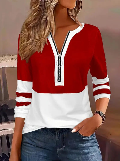 V - Collar Striped Zip T-Shirt - 2026 Winter Collection Contrast Color Long Sleeve Top – Minimal Elegance | The Simple Co – Apparel & Accessories > Clothing > Shirts & Tops, minimalist style, quiet luxury aesthetic, modern essential – The Simple Co.