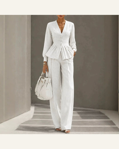 V-Neck Long-Sleeve Top & Wide-Leg Pant Set