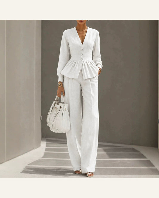 V-Neck Long-Sleeve Top & Wide-Leg Pant Set
