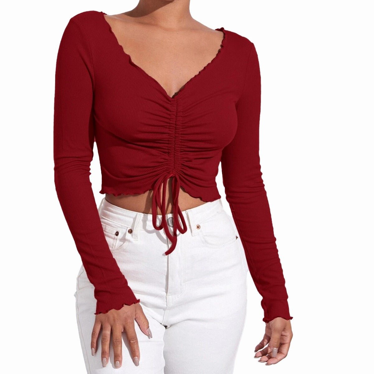 V - Neck Ruched Slim - Fit Crop Knit Long - Sleeve Top – Minimal Elegance | The Simple Co – Women's Tops, minimalist style, quiet luxury aesthetic, modern essential – The Simple Co.