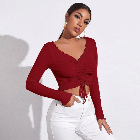 V - Neck Ruched Slim - Fit Crop Knit Long - Sleeve Top – Minimal Elegance | The Simple Co – Women's Tops, minimalist style, quiet luxury aesthetic, modern essential – The Simple Co.