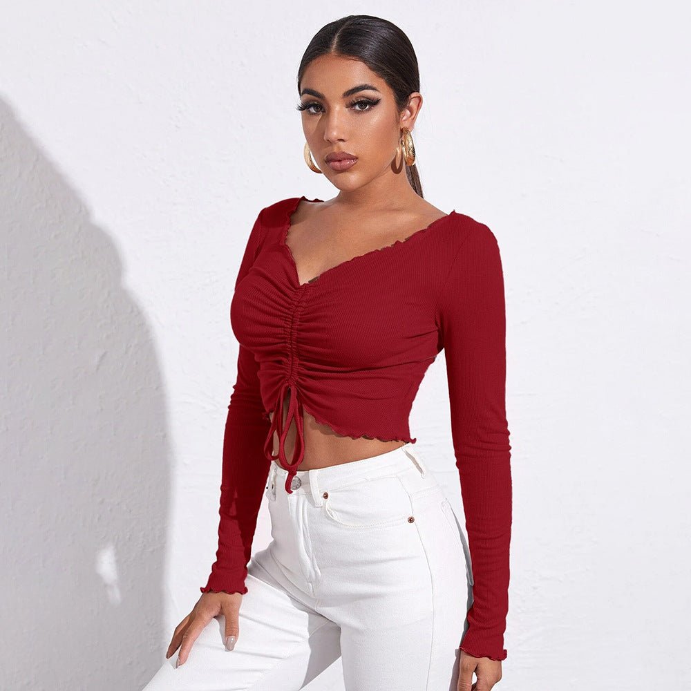 V - Neck Ruched Slim - Fit Crop Knit Long - Sleeve Top – Minimal Elegance | The Simple Co – Women's Tops, minimalist style, quiet luxury aesthetic, modern essential – The Simple Co.
