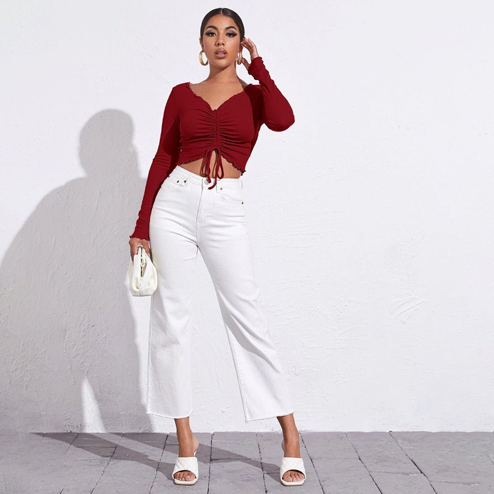 V - Neck Ruched Slim - Fit Crop Knit Long - Sleeve Top – Minimal Elegance | The Simple Co – Women's Tops, minimalist style, quiet luxury aesthetic, modern essential – The Simple Co.