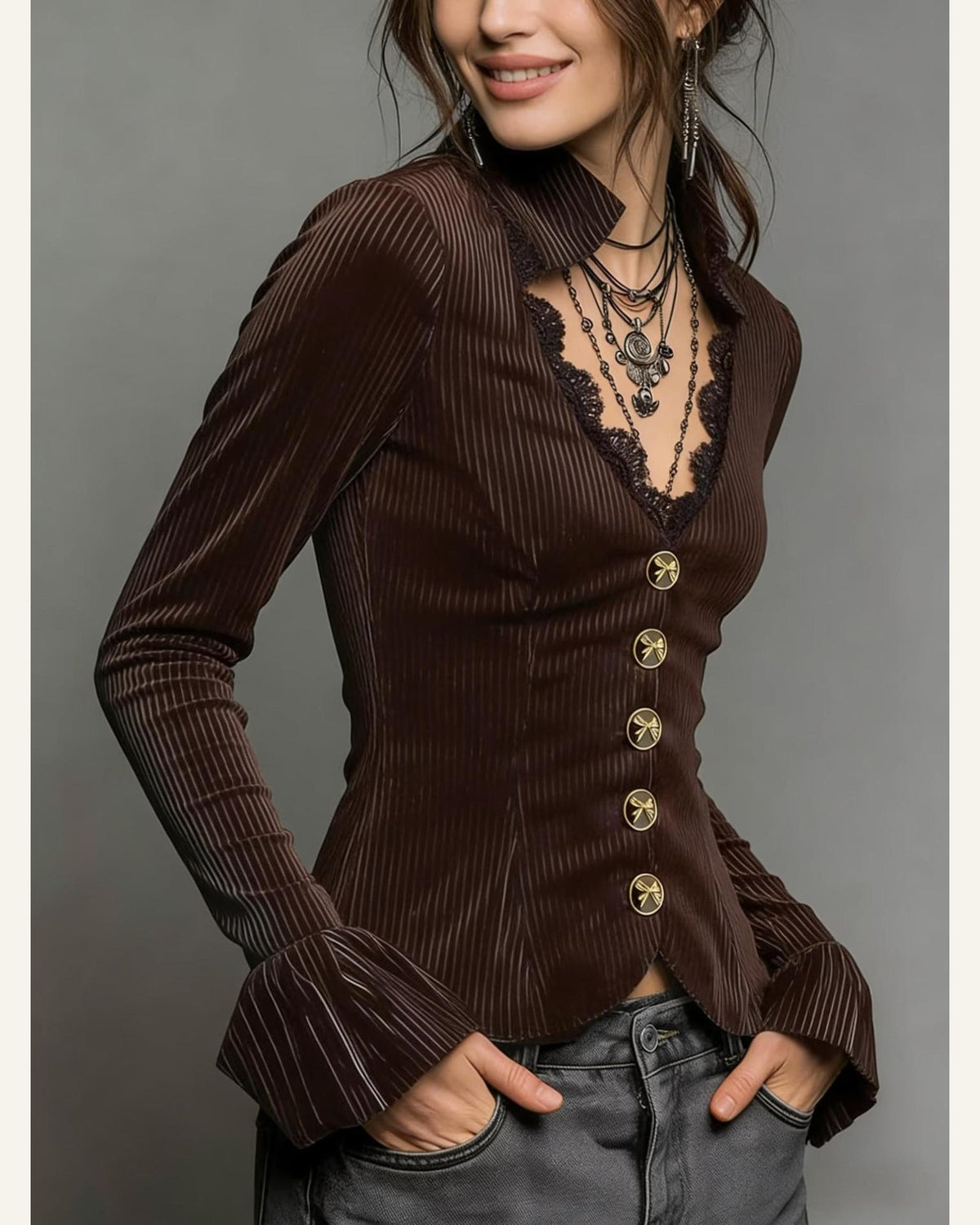 Velvet V-Neck Flare-Sleeve Top — brown view