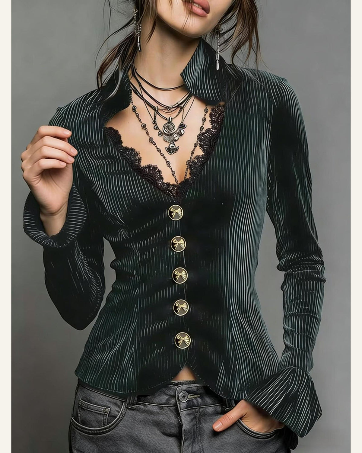 Velvet V-Neck Flare-Sleeve Top — dark green view