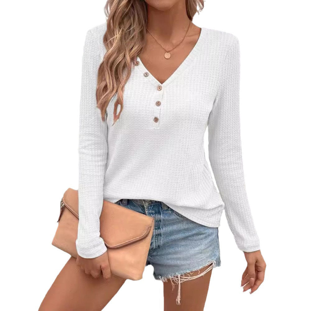 Waffle V - Neck Button Long Sleeve T-Shirt – Minimal Elegance | The Simple Co – Practical cottage, minimalist style, quiet luxury aesthetic, modern essential – The Simple Co.