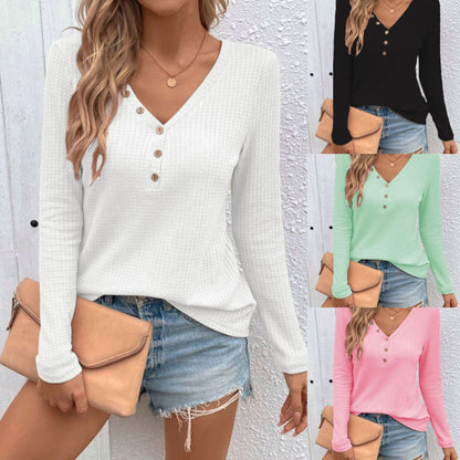 Waffle V - Neck Button Long Sleeve T-Shirt – Minimal Elegance | The Simple Co – Practical cottage, minimalist style, quiet luxury aesthetic, modern essential – The Simple Co.