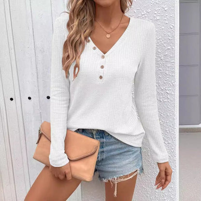 Waffle V - Neck Button Long Sleeve T-Shirt – Minimal Elegance | The Simple Co – Practical cottage, minimalist style, quiet luxury aesthetic, modern essential – The Simple Co.