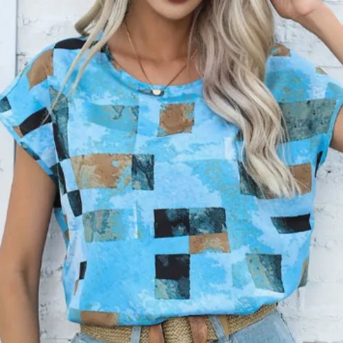 Women's Chic Geometric Aztec Print T-Shirt - Casual Crew Neck, Durable Non - Stretch Fabric, Ideal For Summer Wear – Versatile Spring/Summer | The Simple Co. – Apparel & Accessories > Clothing > Shirt, minimalist style, quiet luxury aesthetic, modern essential – The Simple Co.