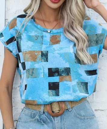 Women's Chic Geometric Aztec Print T-Shirt - Casual Crew Neck, Durable Non - Stretch Fabric, Ideal For Summer Wear – Versatile Spring/Summer | The Simple Co. – Apparel & Accessories > Clothing > Shirt, minimalist style, quiet luxury aesthetic, modern essential – The Simple Co.