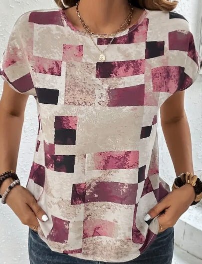 Women's Chic Geometric Aztec Print T-Shirt - Casual Crew Neck, Durable Non - Stretch Fabric, Ideal For Summer Wear – Versatile Spring/Summer | The Simple Co. – Apparel & Accessories > Clothing > Shirt, minimalist style, quiet luxury aesthetic, modern essential – The Simple Co.