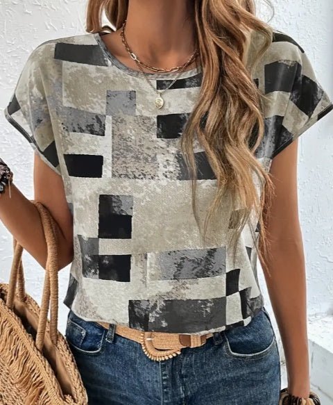 Women's Chic Geometric Aztec Print T-Shirt - Casual Crew Neck, Durable Non - Stretch Fabric, Ideal For Summer Wear – Versatile Spring/Summer | The Simple Co. – Apparel & Accessories > Clothing > Shirt, minimalist style, quiet luxury aesthetic, modern essential – The Simple Co.