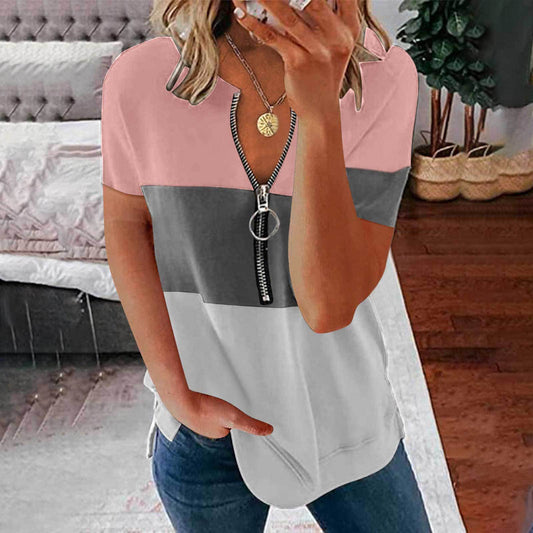 Women's New Zipper V - Neck Color Matching T-Shirt – Versatile Spring/Summer | The Simple Co. – Apparel & Accessories > Clothing > Shirt, minimalist style, quiet luxury aesthetic, modern essential – The Simple Co.