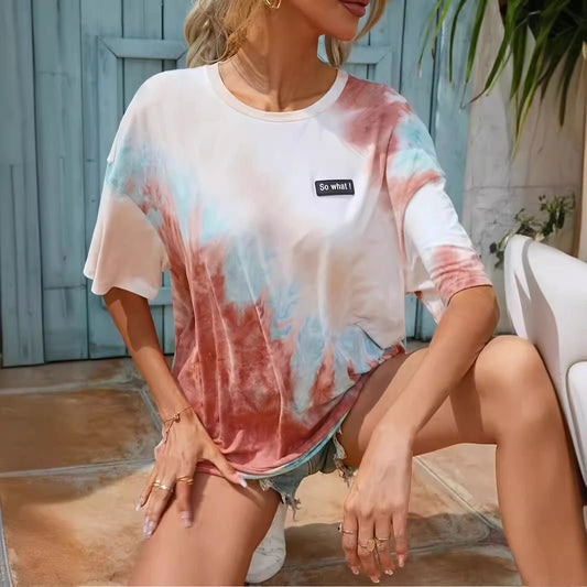 Women's Sweet Cool Style Gradient Color Printed Round Neck Knitted Short Sleeve – Apparel & Accessories > Clothing > Shirt, minimalist style, quiet luxury aesthetic, modern essential – The Simple Co.