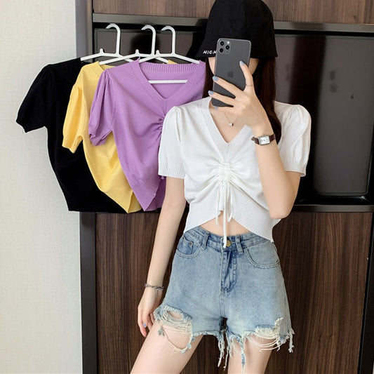 Women's V - neck Blouse Summer Knit Short Sleeve – Apparel & Accessories > Clothing > Shirt, minimalist style, quiet luxury aesthetic, modern essential – The Simple Co.